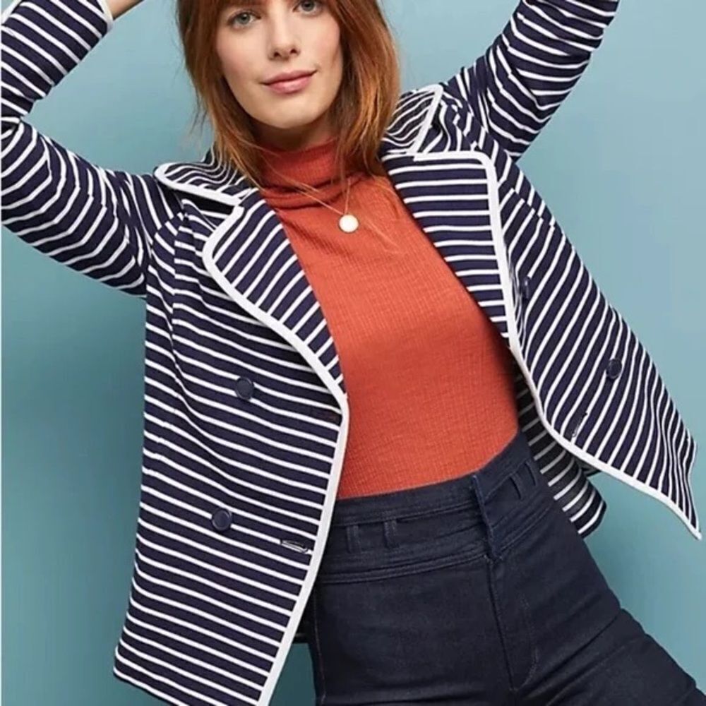 Anthropologie Striped Double-Breasted Stretch Jacket - Navy & White